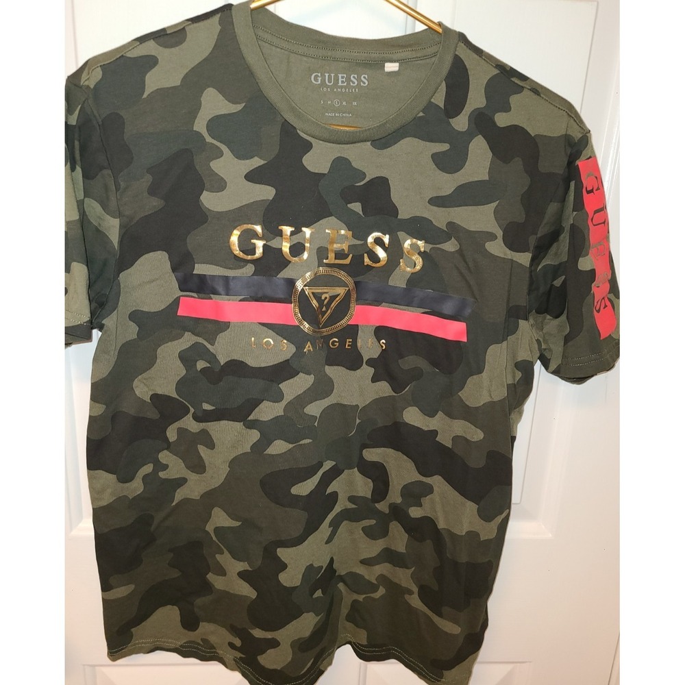 Guess T Shirt Mens L Green Camo Short Sleeve Crew Neck Tee Los Angeles